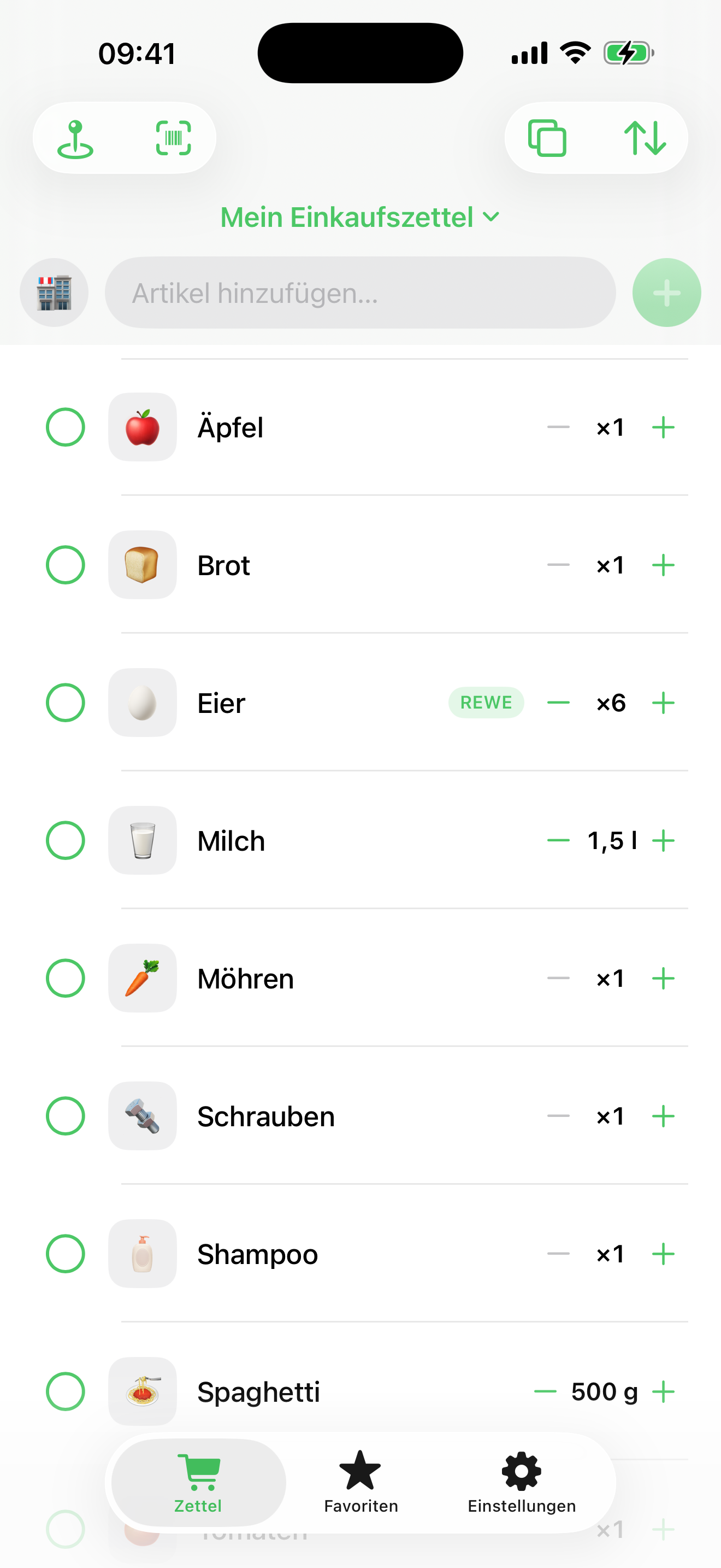 Einkaufsliste mit Artikeln
