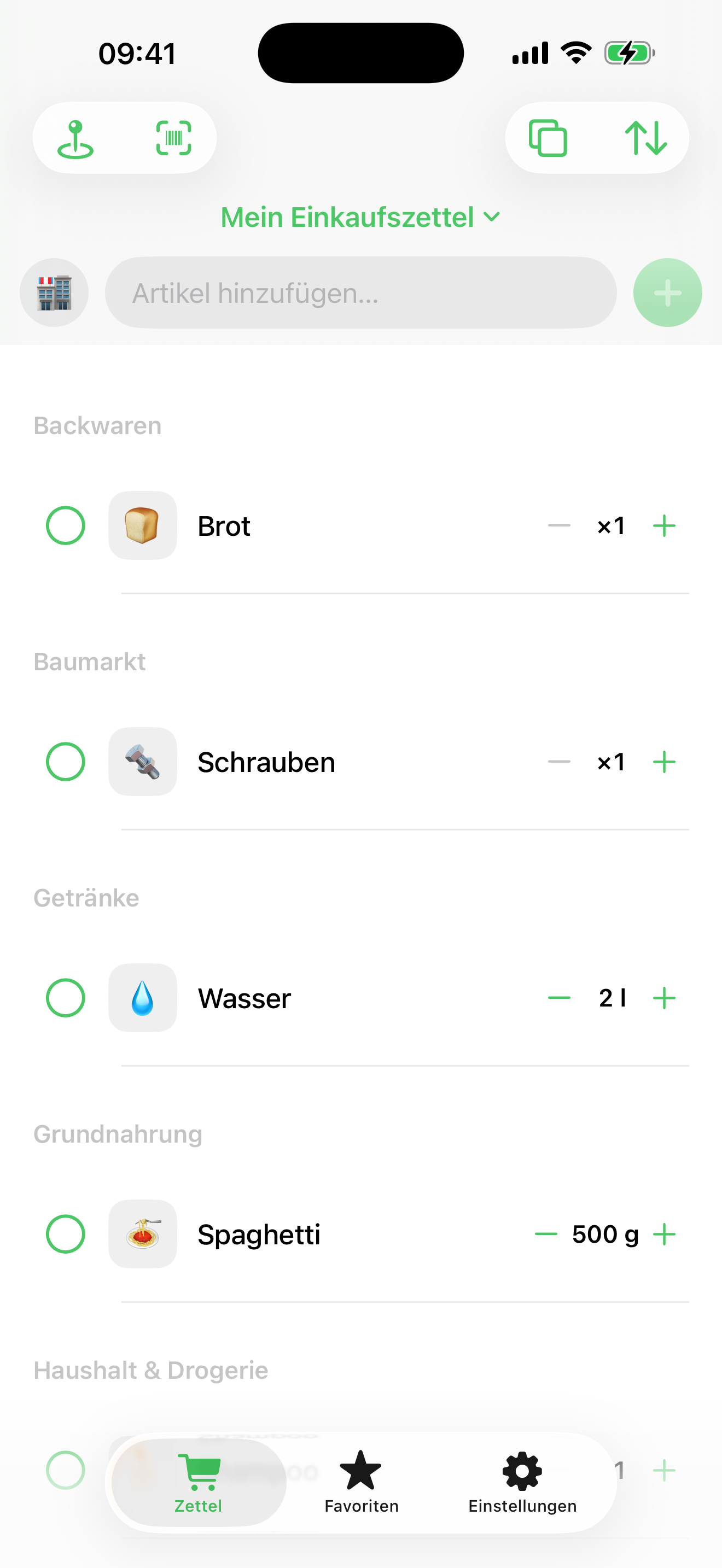Nach Kategorien sortierte Liste